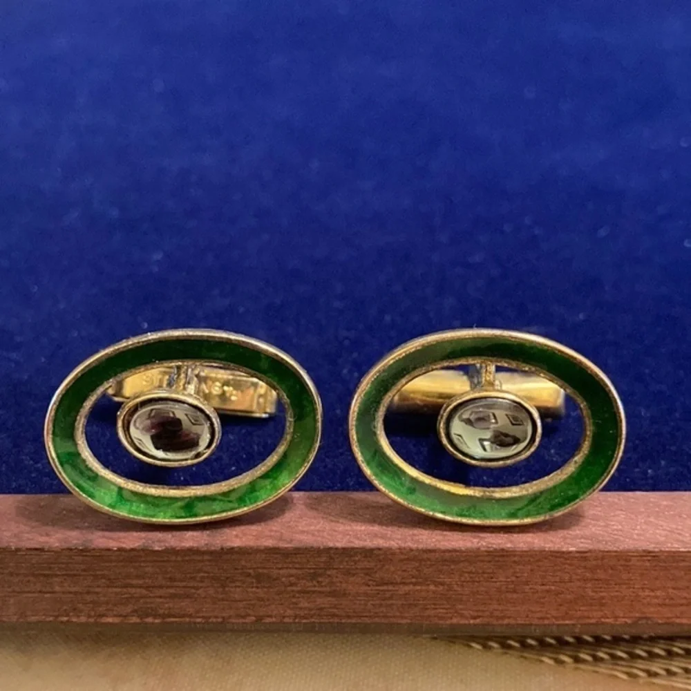 Vintage 1940s sterling T2 oval green enamel w/blue stone center cufflinks
